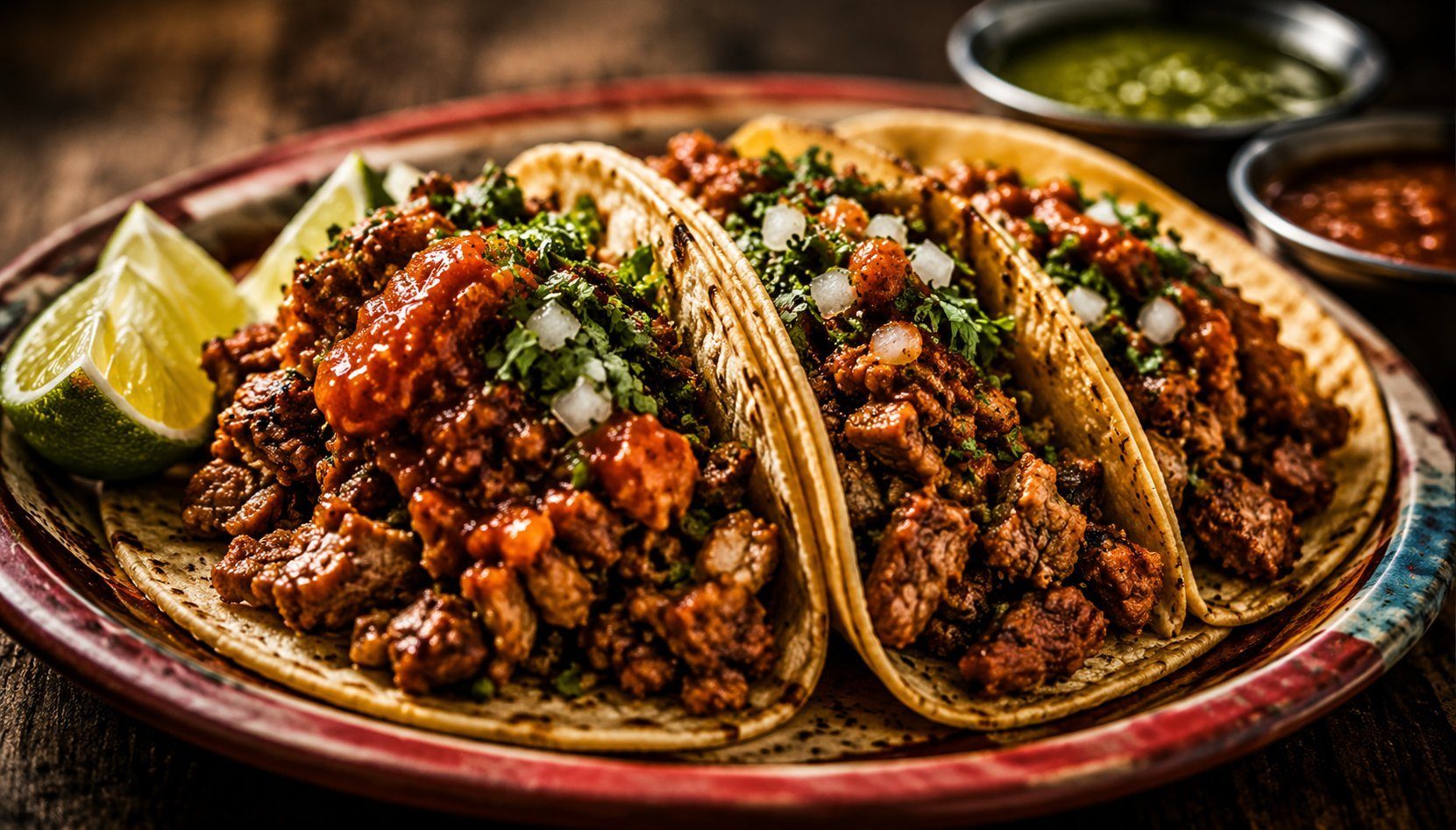 Street tacos with cilantro, onion, salsa and lime at Tacos El Compita in Las Vegas, Nevada