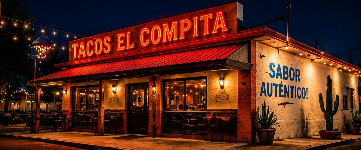 Tacos El Compita storefront with neon sign at night