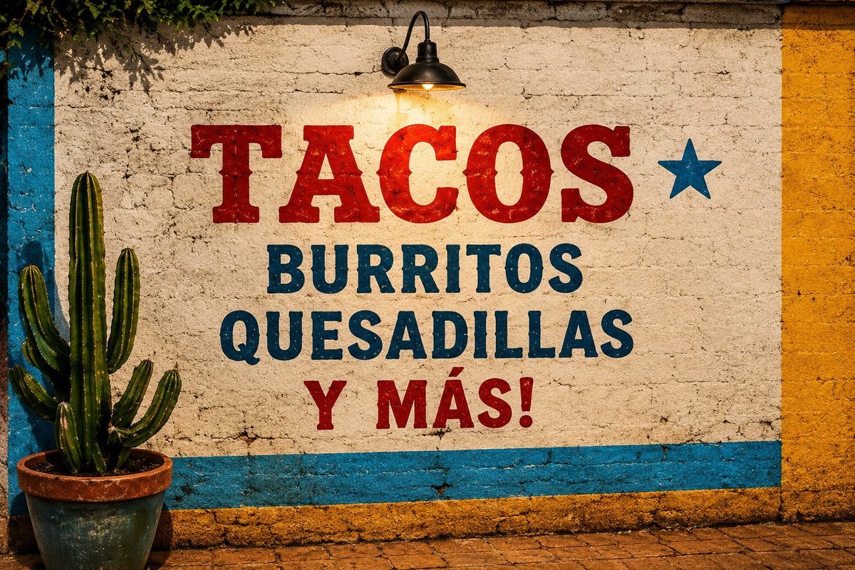 Tacos, burritos, quesadillas, and more wall sign at Tacos El Compita